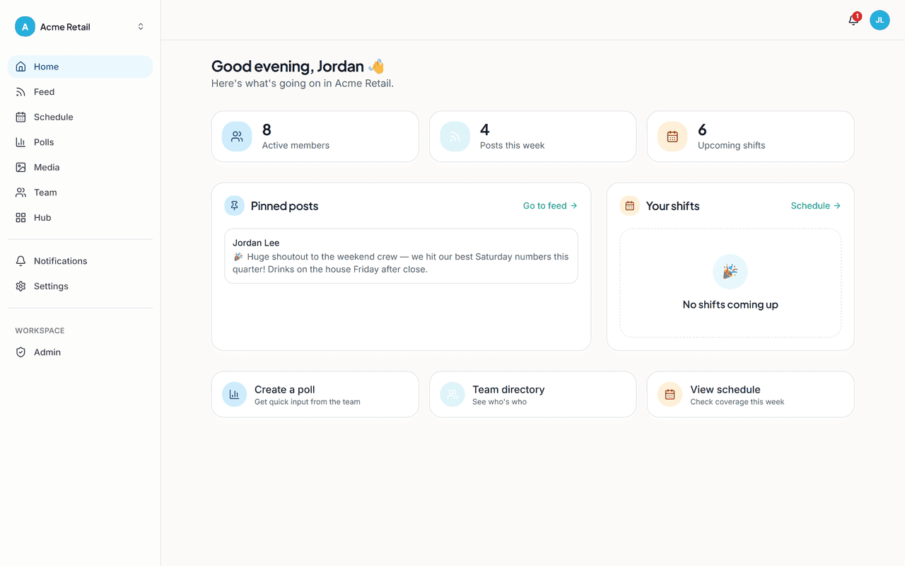 Breakroom home dashboard with pinned posts, upcoming shifts and quick links