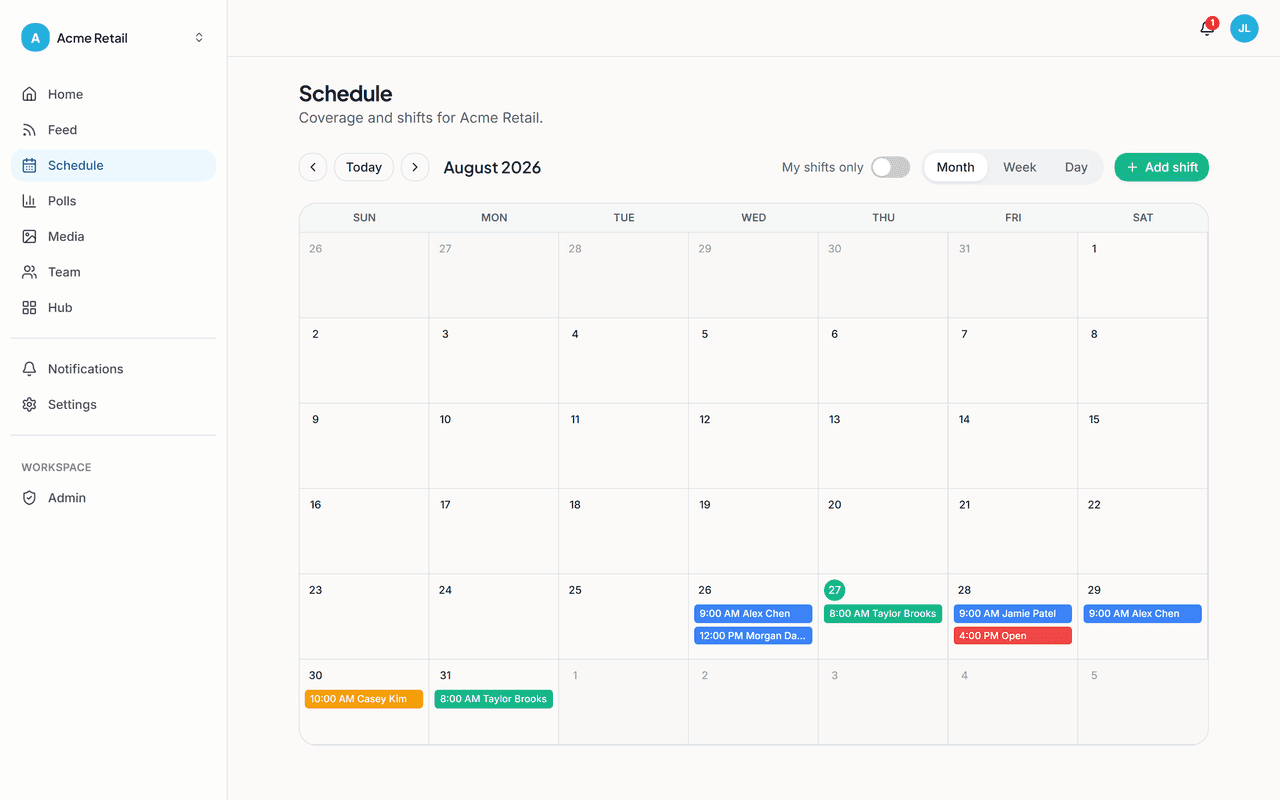 Breakroom monthly schedule with color-coded shifts
